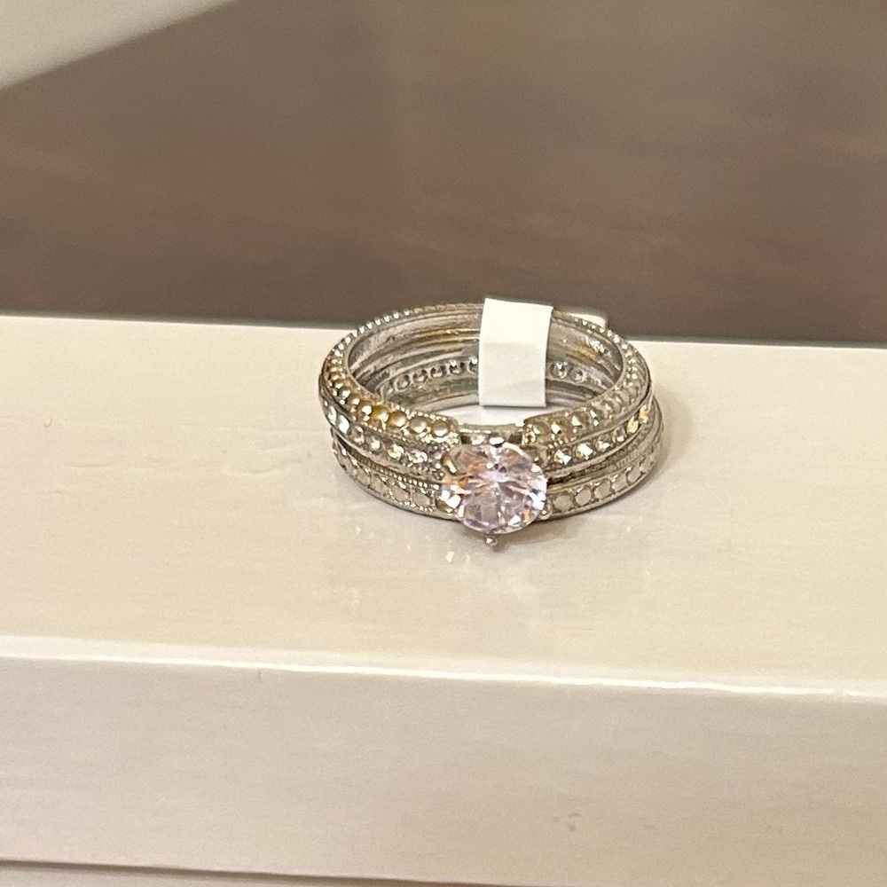 Size 9 Diamond CZ Ring Set Silver Tone No Mark Wedding Set